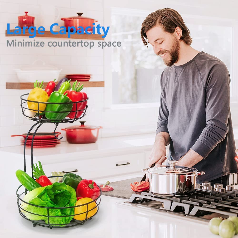 2-Tier Metal Fruit Basket with Banana Hanger - Kitchen Countertop Organizer for Fruits, Veggies & Snacks