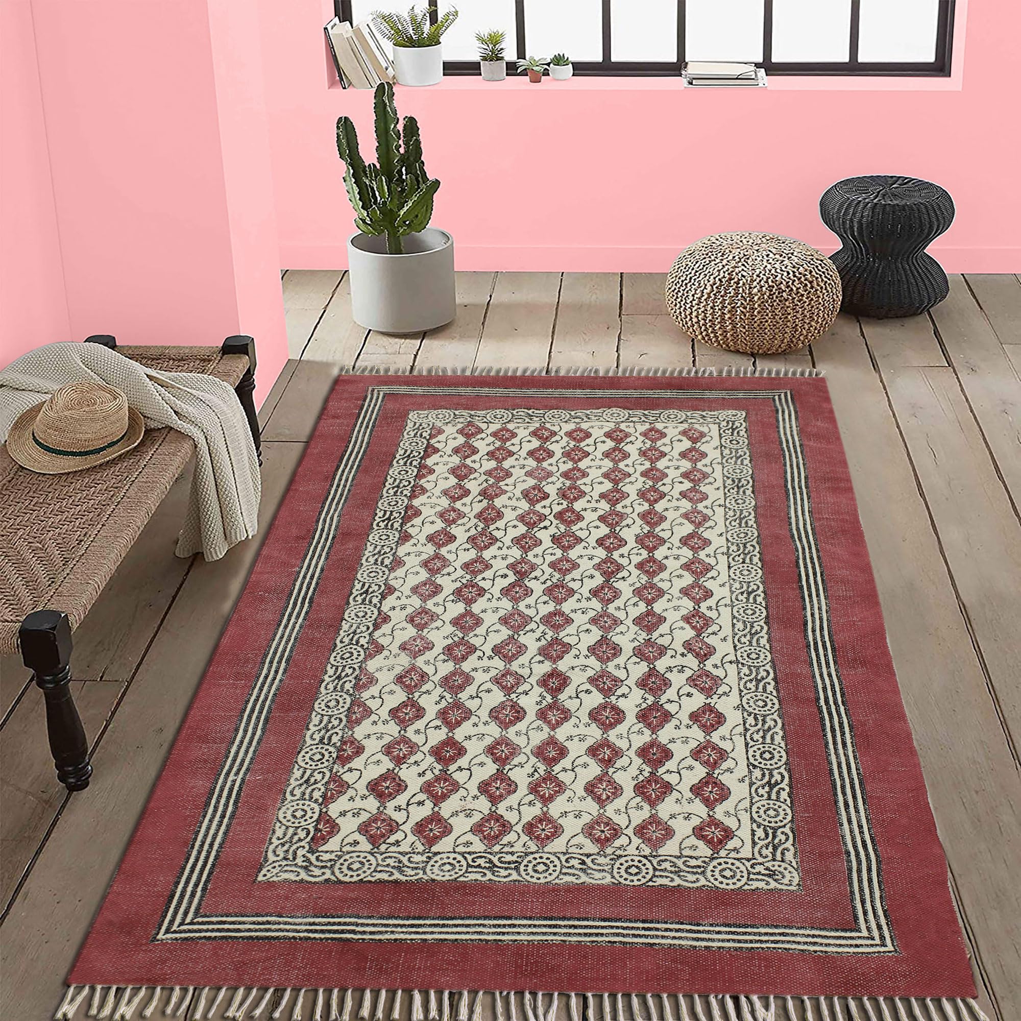 9x15 Ft Maroon Red Cotton Dhurrie Floral Kilim Rug - Rectangular Collection for Indoor & Outdoor Use | Flatweave Carpet Perfect for High Traffic Areas in Bedroom, Dining Room & Living Room | Durable & Stylish Home Decor