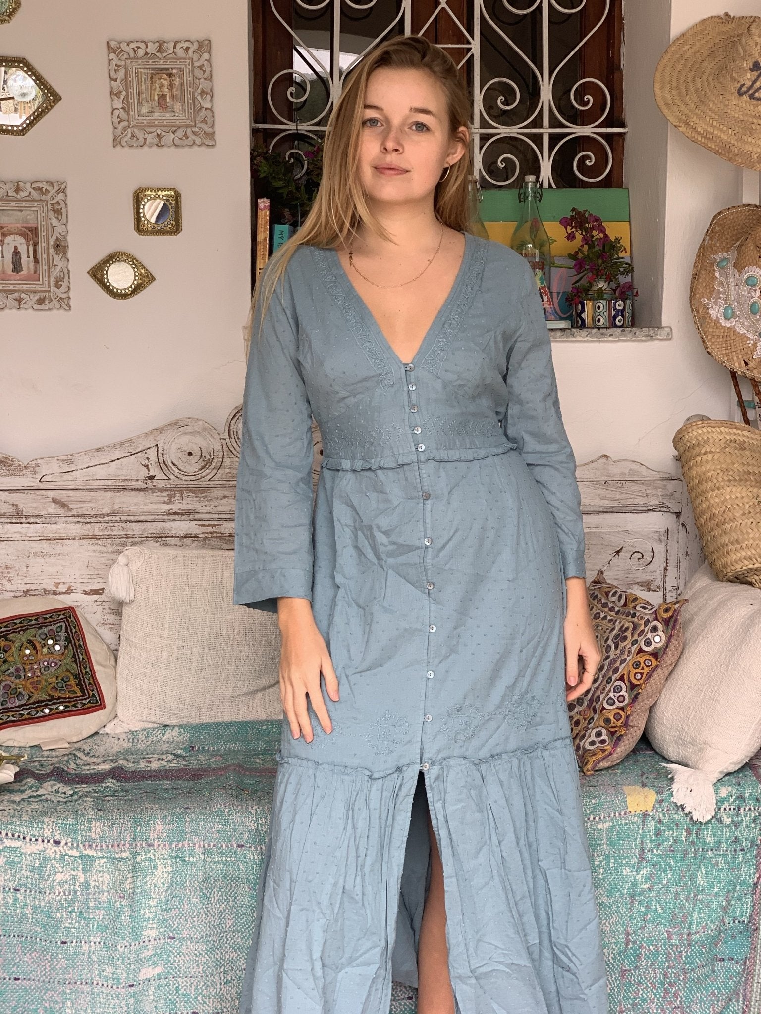 Blue Boho Dress for Women - Organic Muslin Cotton Resort Wear | Perfect for Maldives & Ibiza Vacations, Beach Getaways & Summer Festivals