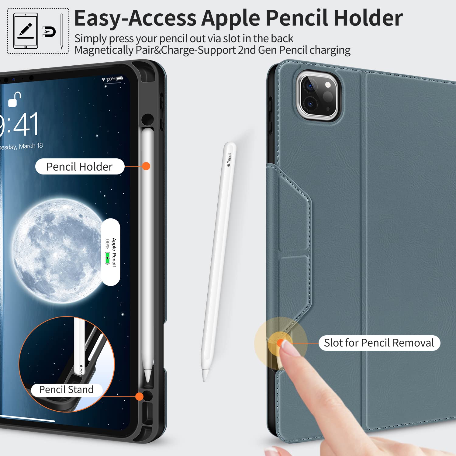 Premium Vegan Leather iPad Pro 12.9 Case (2022/2021/2020/2018 6th/5th/4th/3rd Gen) with Pencil Holder - Shockproof Folio Cover with Auto Sleep/Wake Feature for Work, School & Travel Protection