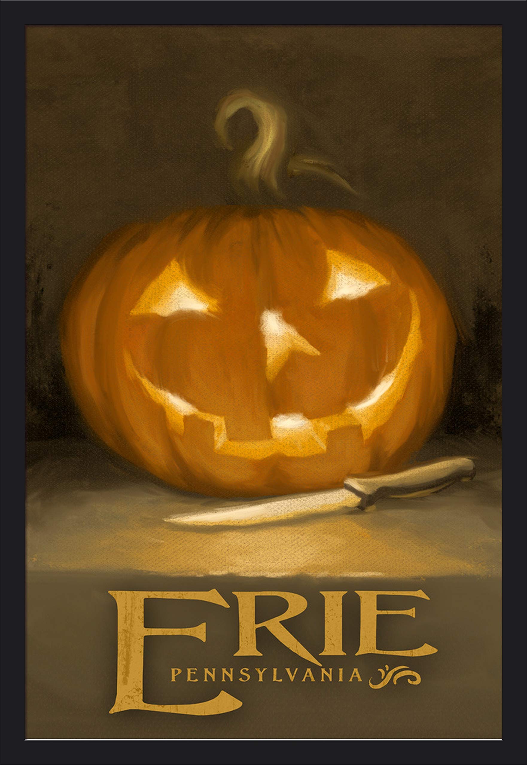 Eerie Jack-O-Lantern Halloween Oil Painting - Erie Pennsylvania Art Print (24x36 Giclee, Gallery Framed Black Wood) - Perfect for Spooky Home Decor & Halloween Party Wall Art