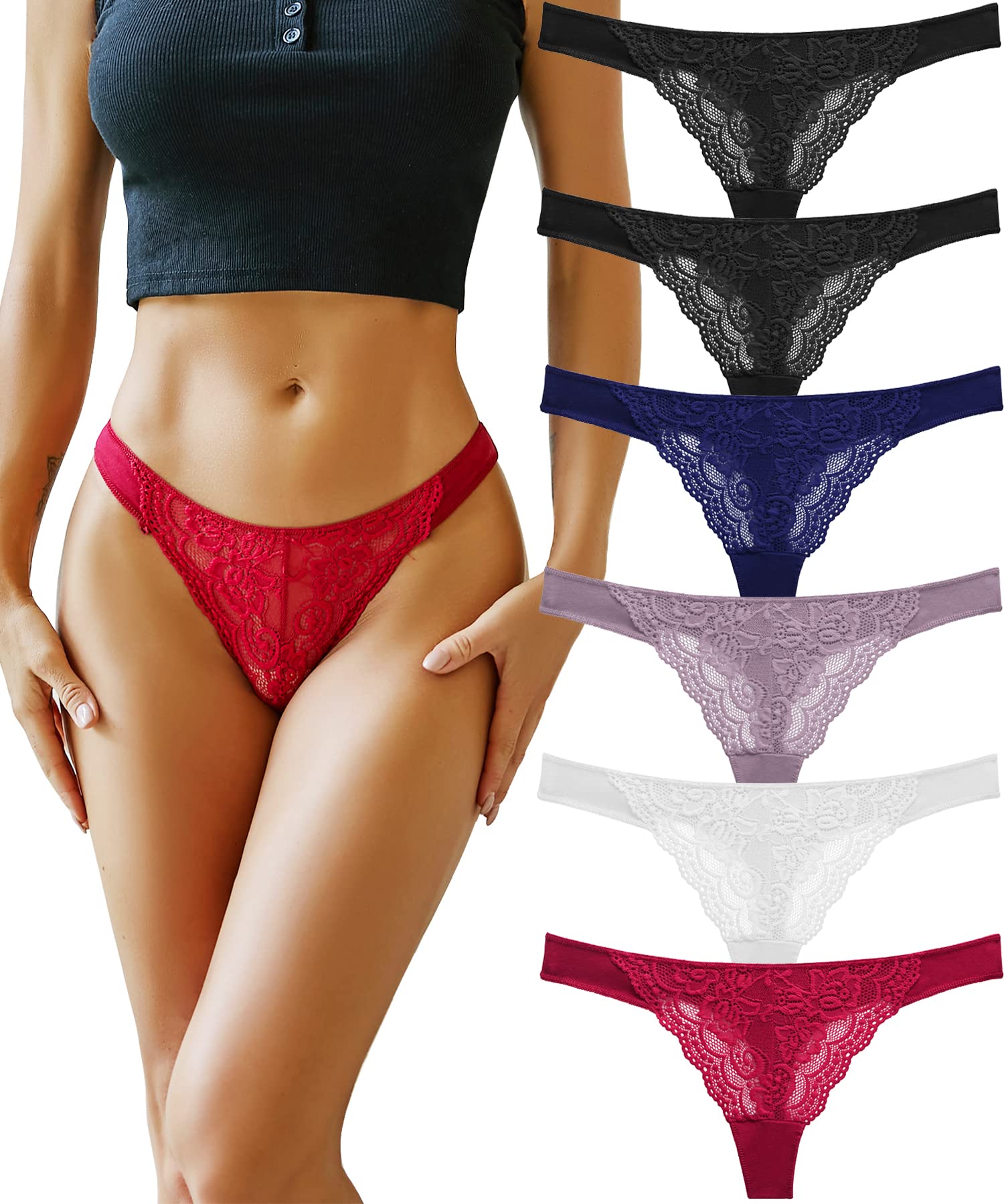 Sexy Lace Thong Underwear for Women - 6 Pack Cotton T-Back Panties, Breathable Low Rise Hipster Tangas - Perfect for Daily Wear, Date Nights & Special Occasions