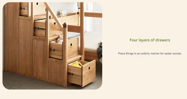 Solid Oak Wood Loft Bed with Storage Cabinet - Space-Saving Furniture for Small Rooms, Kids Bedroom & Dormitory