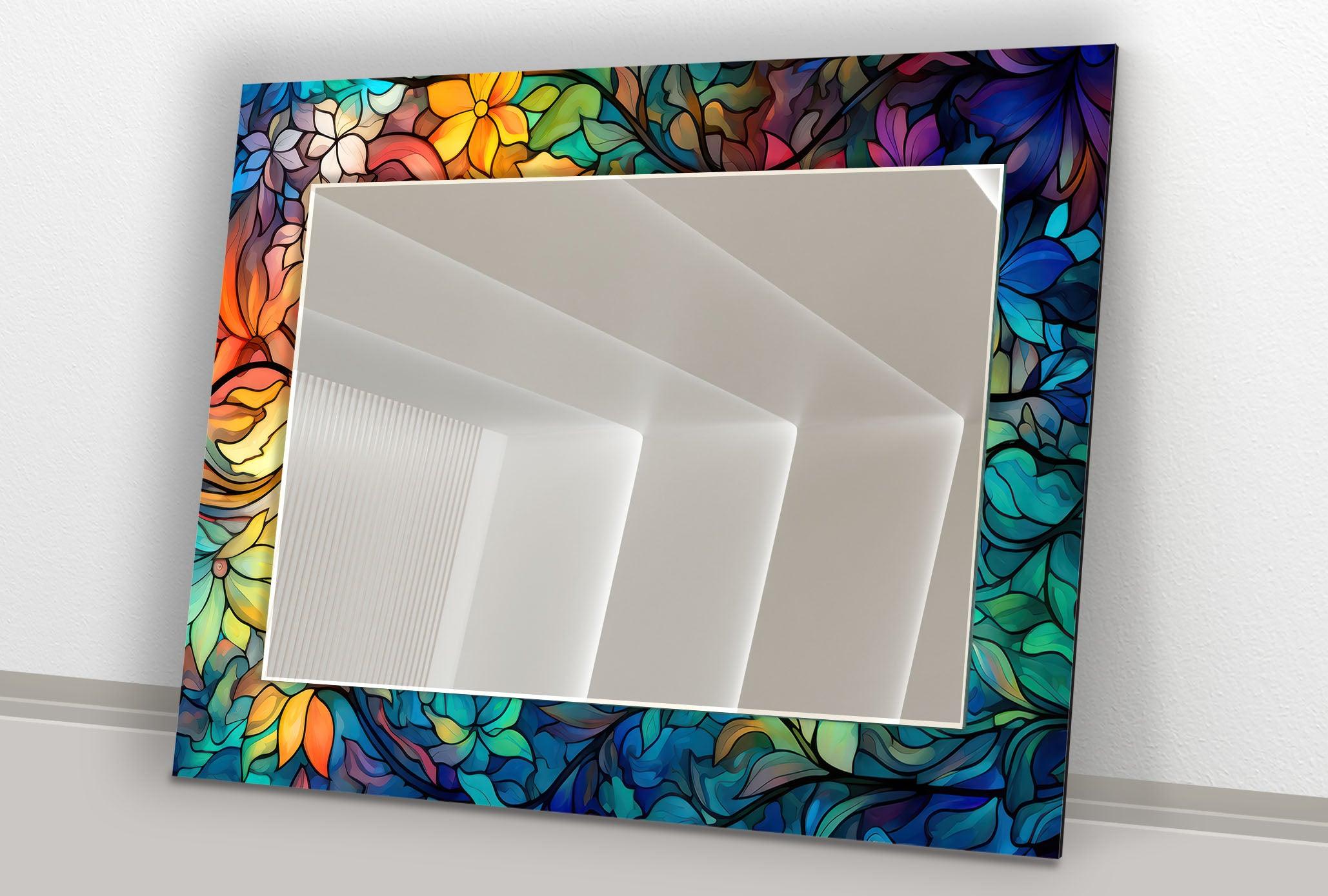 Blue & Orange Stained Glass Wall Mirror with Leaf Design - Elegant Home Decor for Living Room, Bedroom, or Entryway