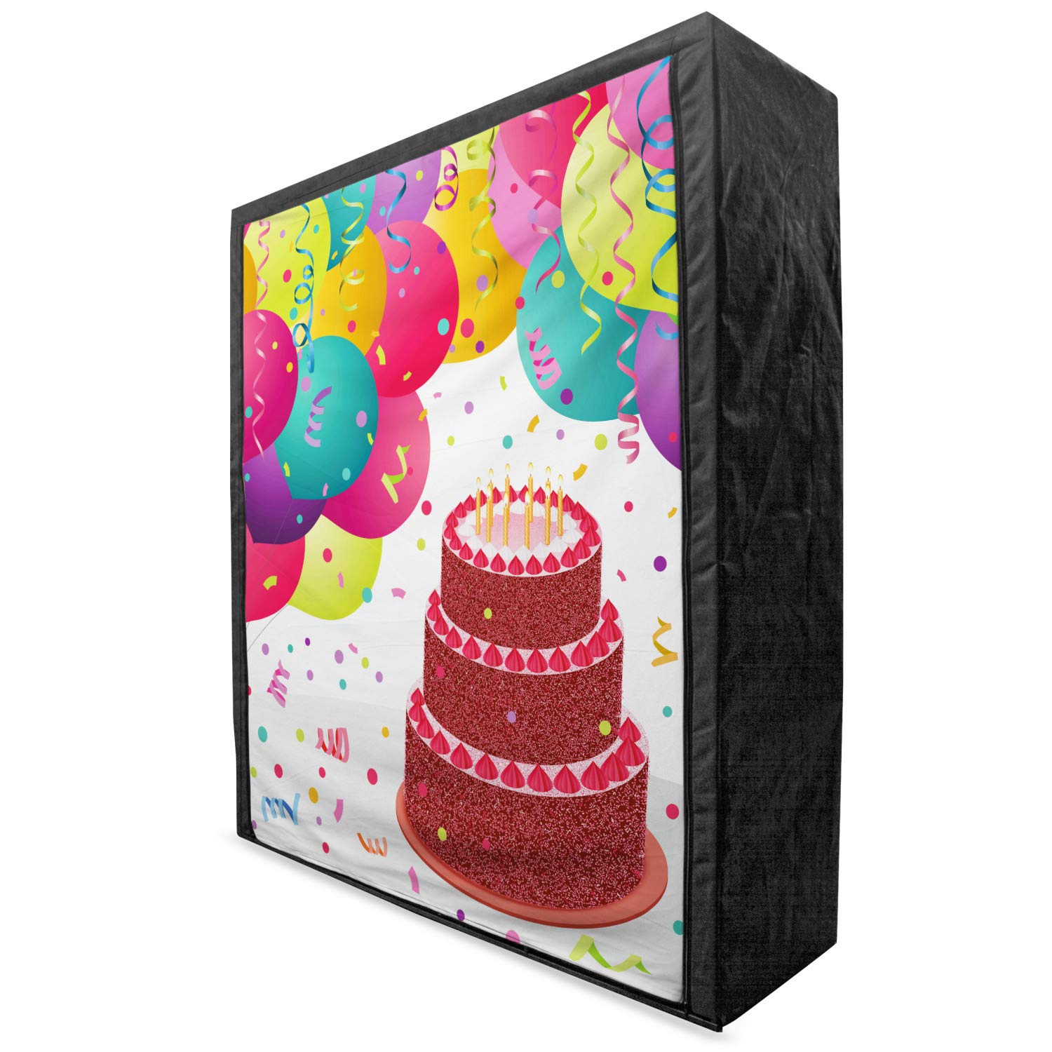 Ambesonne Birthday Portable Fabric Wardrobe - Strawberry Triplex Cake Design with Candles, Ribbons & Balloons - 59