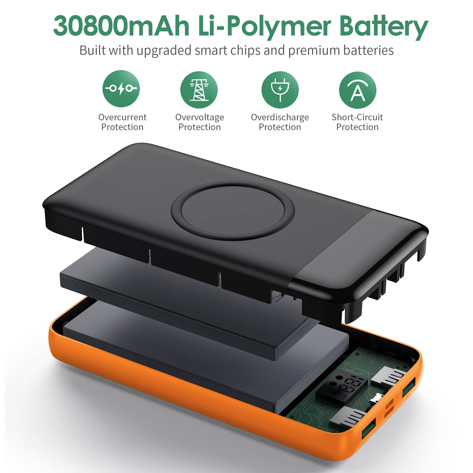 30800mAh Wireless Portable Charger with 15W Wireless & 25W PD QC4.0 Fast Charging | Smart LED Display | 4 Outputs & 2 Inputs USB-C Power Bank | Compatible with iPhone Samsung Galaxy | Perfect for Travel Camping & Emergency Charging - Orange