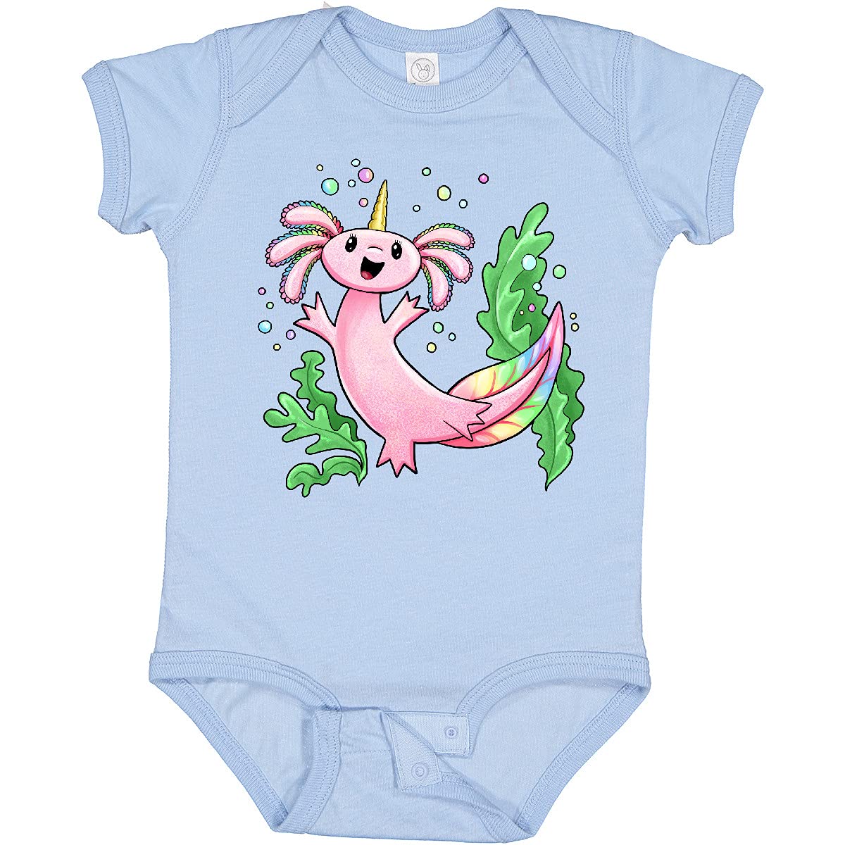 Inktastic Axolotl Unicorn with Rainbow Tail, Bubbles and Seaweed Baby Bodysuit - Cute Soft Cotton Onesie for Newborns & Infants - Perfect for Birthday Gifts, Baby Showers & Photo Shoots