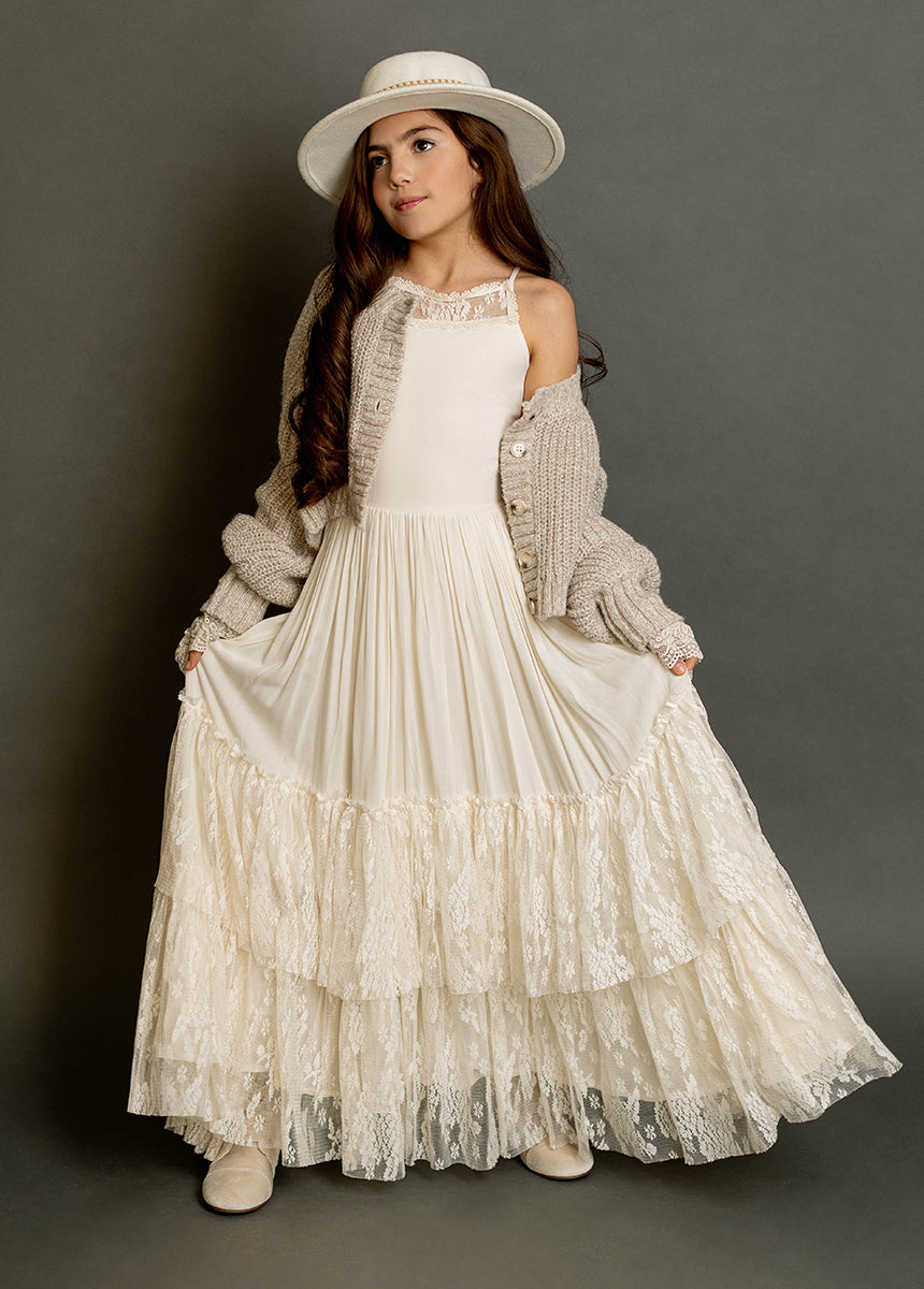 Catrin Dress in Cream | Elegant Women's Floral Maxi Dress for Summer, Beach, and Special Occasions
