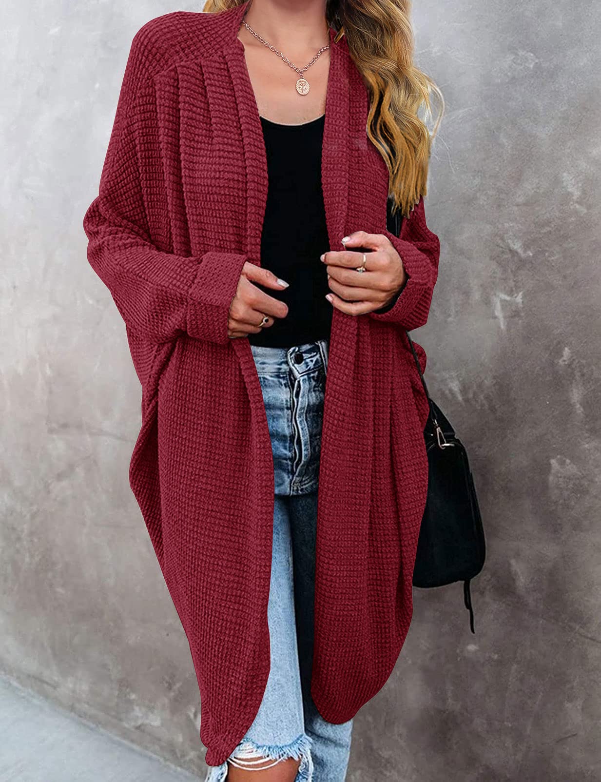 MEROKEETY Women's 2025 Fall Waffle Knit Batwing Long Sleeve Cardigan - Loose Open Front Sweater Coat for Casual Outfits, Office Wear & Autumn Layering