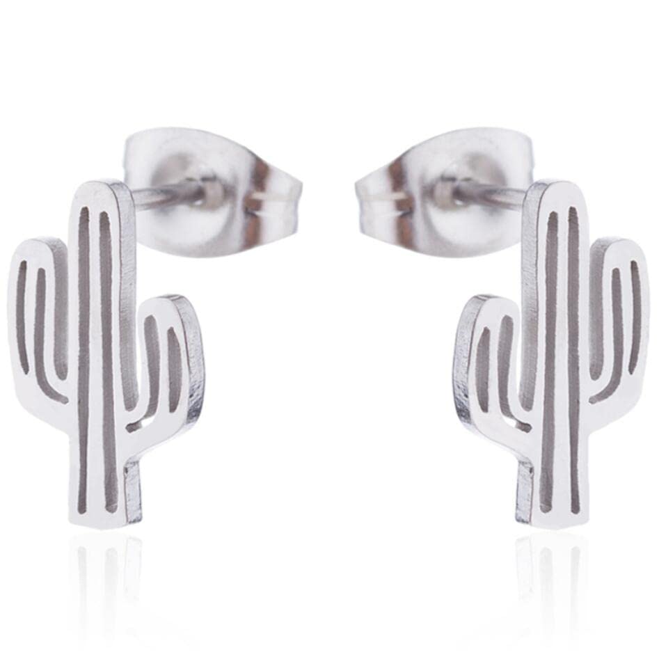 2 Pairs Stainless Steel Cactus Stud Earrings for Women & Men - Gold & Silver Tiny Stud Earrings Set - Perfect for Everyday Wear, Gifts & Boho Fashion
