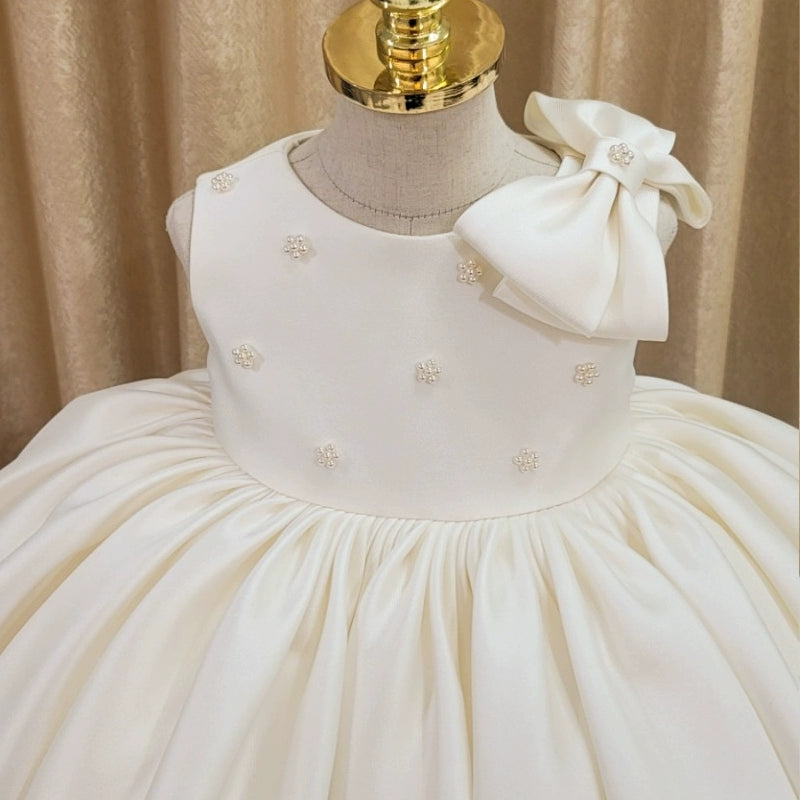 Princess Round Neck Tea Length Satin Flower Girl Dress - White for Weddings, Parties & Special Occasions