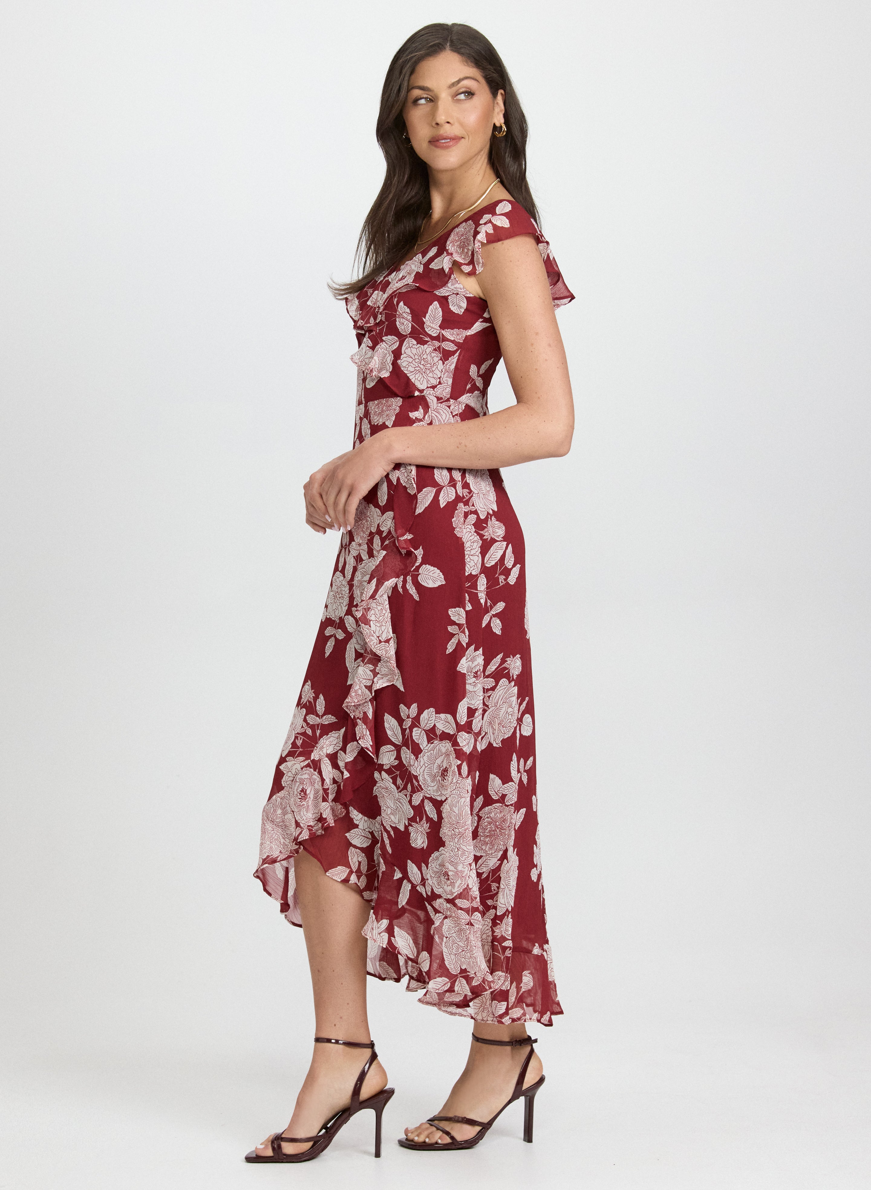 Floral Flounce Front Dress - Elegant Summer Midi Dress for Women | Perfect for Weddings, Parties & Date Nights