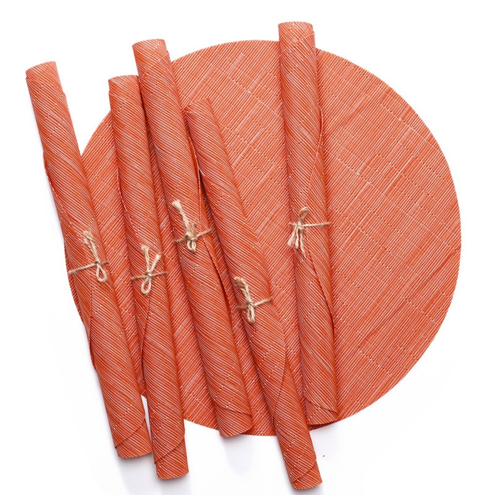 Round Woven Placemats Set of 4 - 13.8 Inch Washable Non-Slip Table Mats for Dining, Christmas Decor, Home, Wedding & Party - Orange Home Decor for Holiday Tablescapes