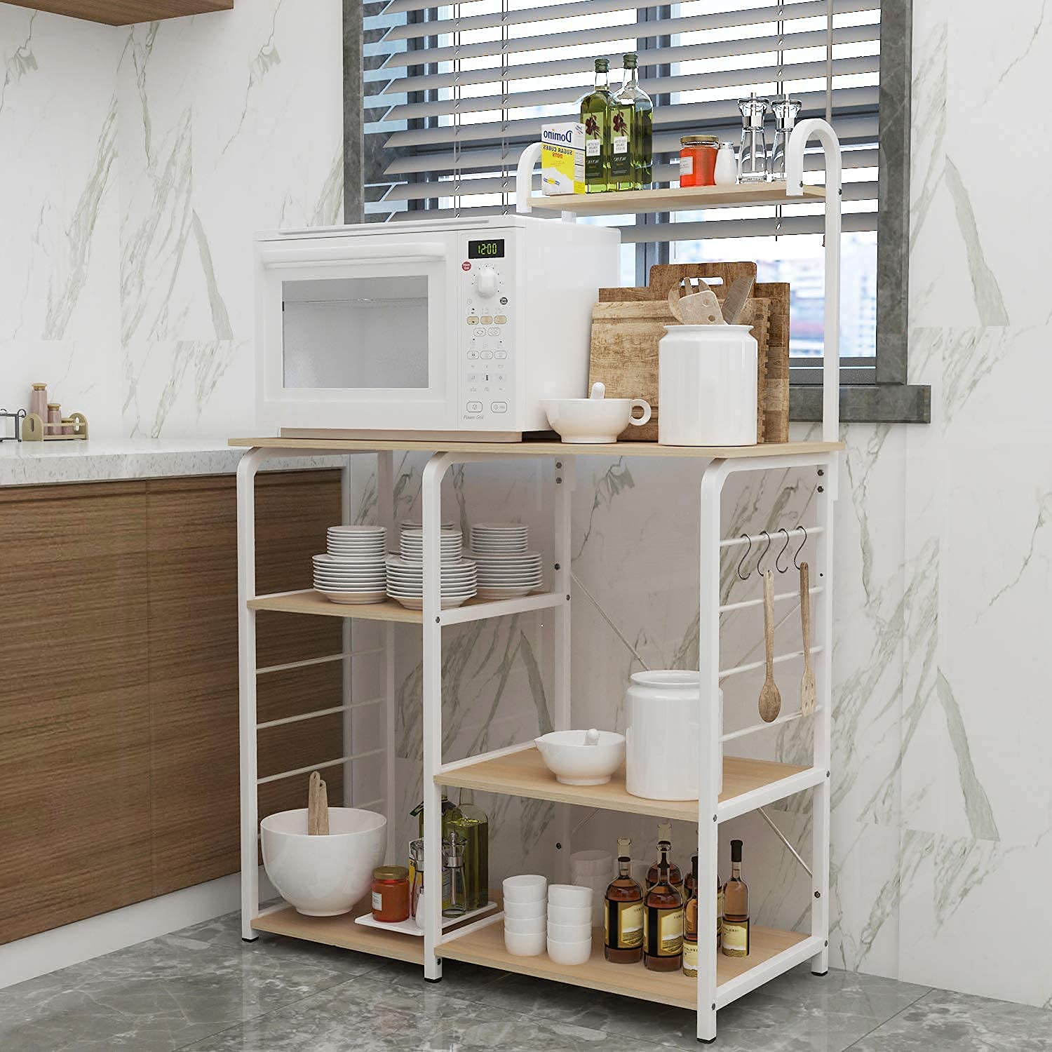 SogesPower 3-Tier & 4-Tier Kitchen Baker's Rack with Microwave Stand - White Maple Storage Shelf Organizer for Kitchen, Living Room, Pantry | Space-Saving Multifunctional Utility Shelf for Small Apartments & Home Organization