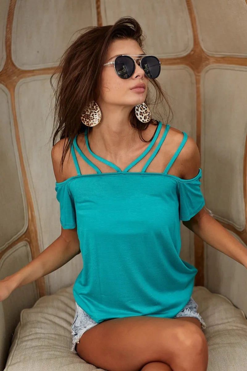 BiBi Rayon Span Jersey Lace-Up Shoulder Detailed Top Women's Fashion Blouse for Party, Date Night & Casual Wear