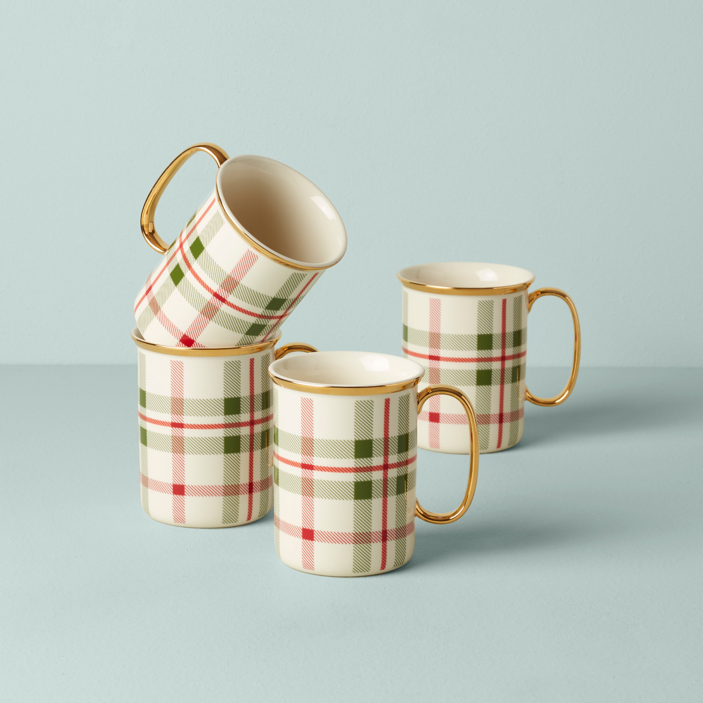 Festive Holiday Plaid Coffee Mugs Set of 4 - Christmas Themed Ceramic Cups for Hot Cocoa, Tea & Coffee - Perfect for Holiday Parties, Gifts & Cozy Winter Mornings
