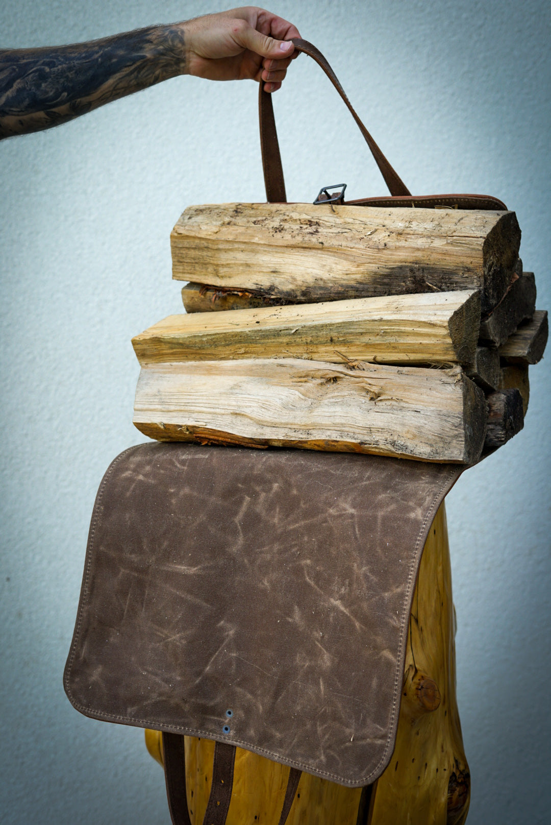 Premium Full Grain Leather Log Carrier - Cinnamon Brown - Heavy Duty Firewood Holder for Camping, Fireplace & Outdoor Use
