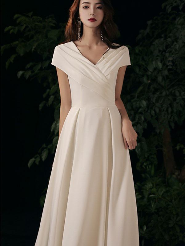 Elegant White Wrap V-Neck Fit & Flare Formal Dress for Women | Wedding Guest, Cocktail Party & Evening Gala Outfit