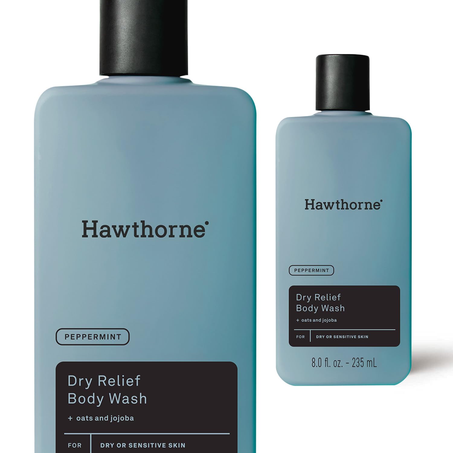 Hawthorne Men's Dry Relief Peppermint Body Wash for Dry & Sensitive Skin - Soothing & Gentle with Natural Oat Extract, Jojoba Oil & Glycerin - Sulfate Free, Paraben Free, Cruelty Free - 8 fl oz - Perfect for Daily Shower & Post-Workout Refreshment