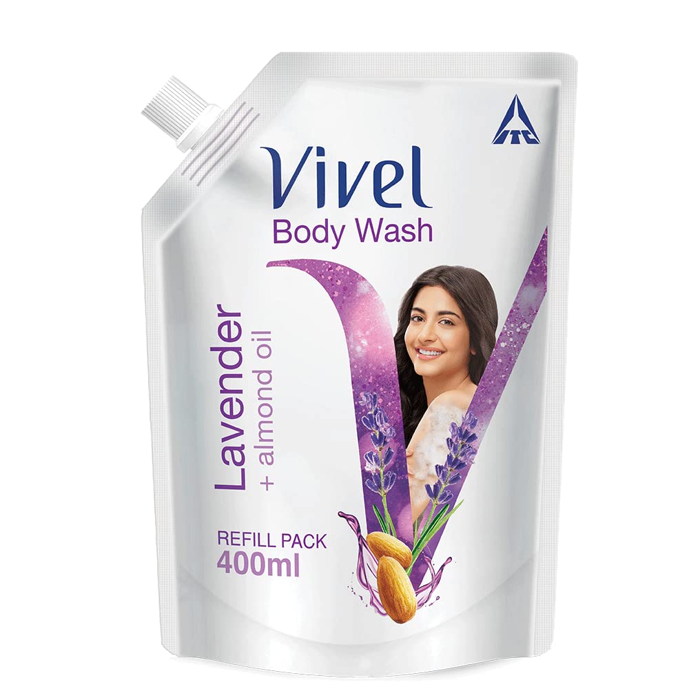 Vivel Aloe Vera & Vitamin E Bath Soap for Soft Glowing Skin - Refreshing Fragrance - 150g Combo Pack (4 Bars) | Lavender Almond Oil Body Wash Shower Gel - 400ml Liquid Refill Pouch - Moisturizing & Relaxing for Daily Shower & Spa Experience
