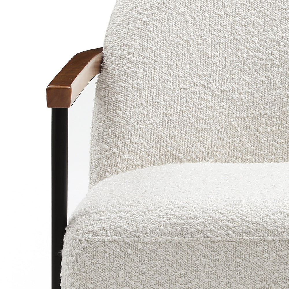 KAZAN Modern Lounge Chair - Off White Fabric, Walnut Wood & Black Metal Accents - Comfortable Reading Chair for Living Room, Bedroom or Office