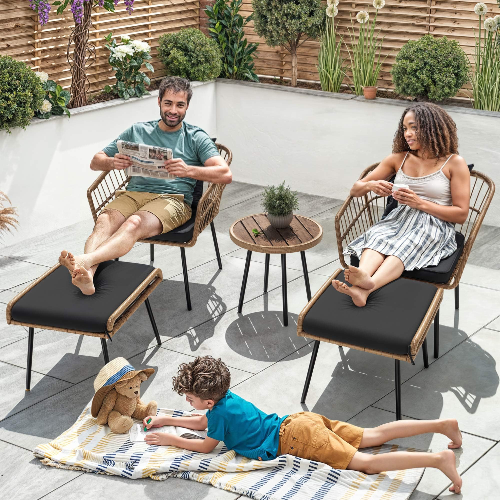 YITAHOME 5-Piece All-Weather Outdoor Wicker Furniture Set - Patio Bistro Set with Footrest, Coffee Table & Ottomans, Black - Perfect for Small Balcony, Garden or Backyard Relaxation