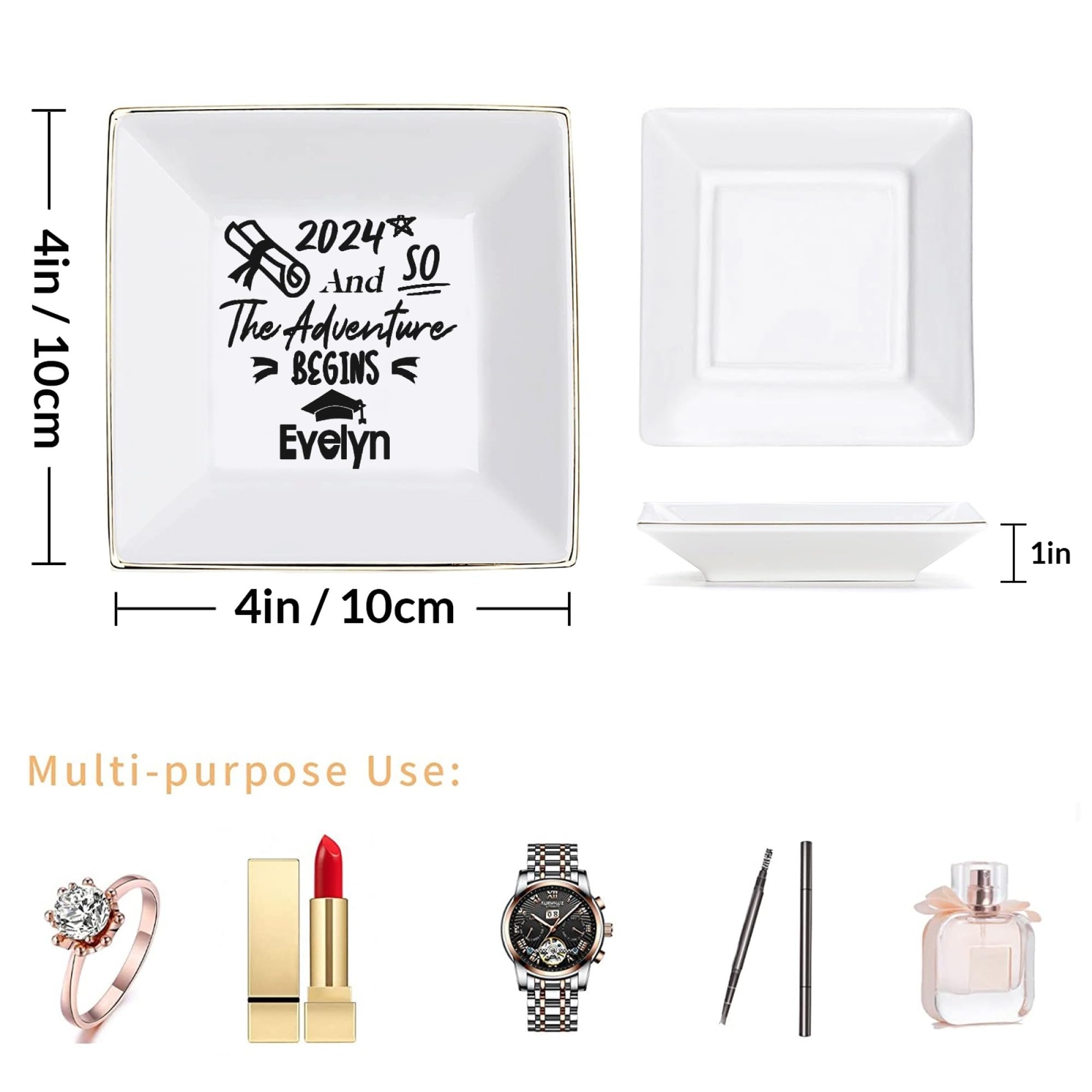 Personalized Graduation Gift for Women - Custom Engraved Ceramic Ring Dish with Inspirational Quote, Class of 2024 College & High School Graduation Present for Her - Perfect Jewelry Tray for Dorm Room, Bedside Table or Vanity Decor