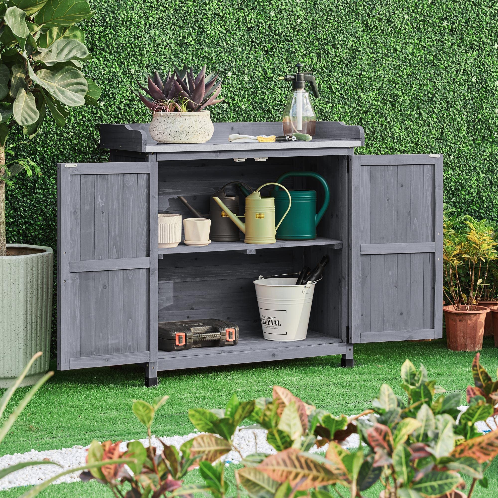 Yaheetech Outdoor Garden Potting Bench Table - Solid Wood Planting Workbench with Large Storage Space & Metal-Plated Tabletop - Gray - Perfect for Gardening, Planting, and Organizing Tools (Indoor/Outdoor Use)