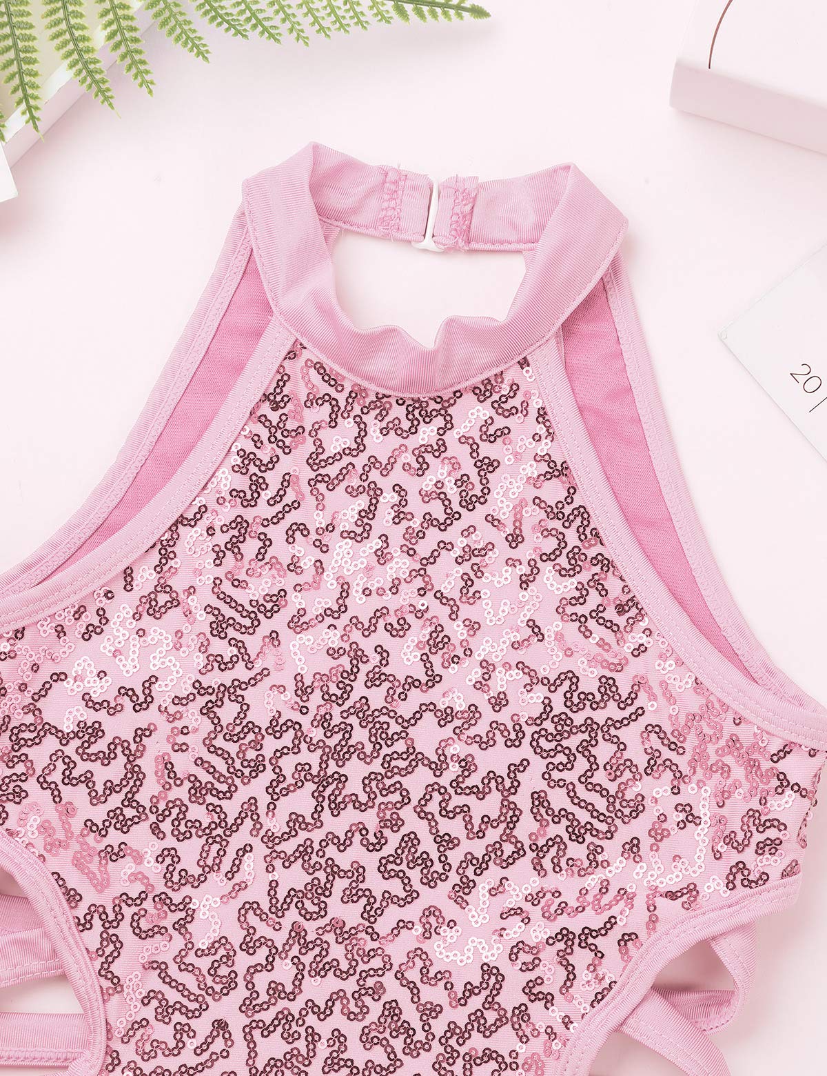 TiaoBug Kids Girls Shiny Sequins Ballet Leotard - Cutout Back Turtleneck Gymnastics Bodysuit for Dance Recital, Competition & Performance