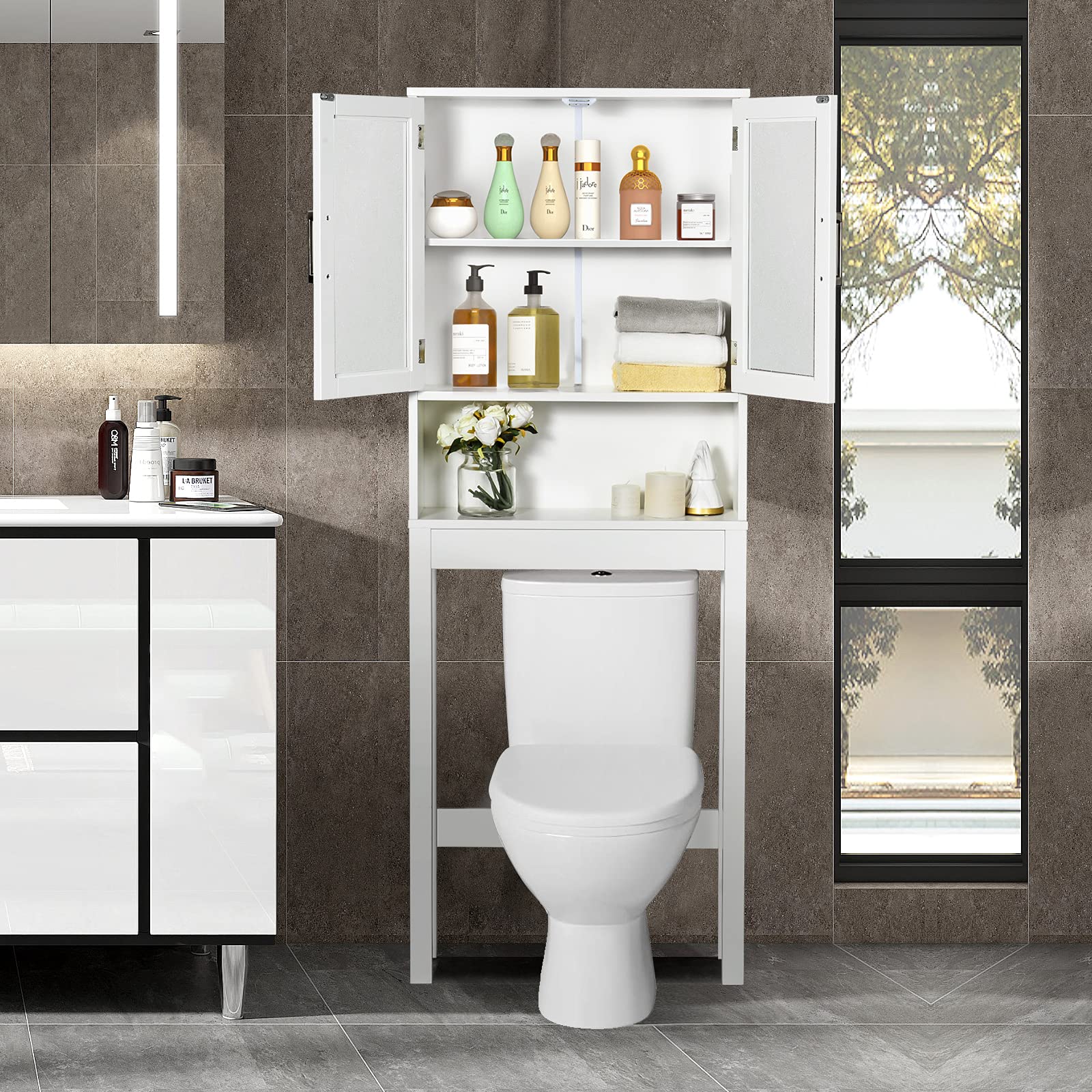 WATERJOY Over The Toilet Storage Cabinet - White Bathroom Organizer with 2 Tempered Glass Doors | Space-Saving Toilet Shelf for Bath Towels, Toiletries & Cleaning Supplies | Perfect for Small Bathrooms & Apartment Living