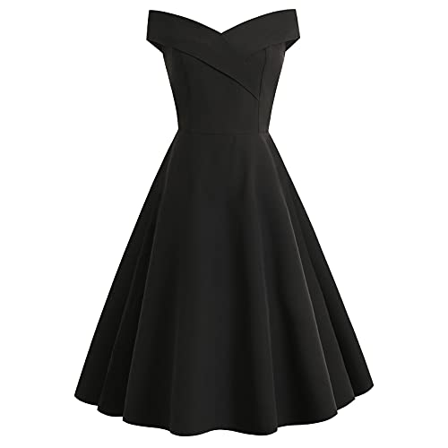 OAVQHLG3B Women's Solid Cocktail Dress - Strapless Short Sleeve Wedding Guest Dress, Swing Prom Party & Evening Dress for Special Occasions