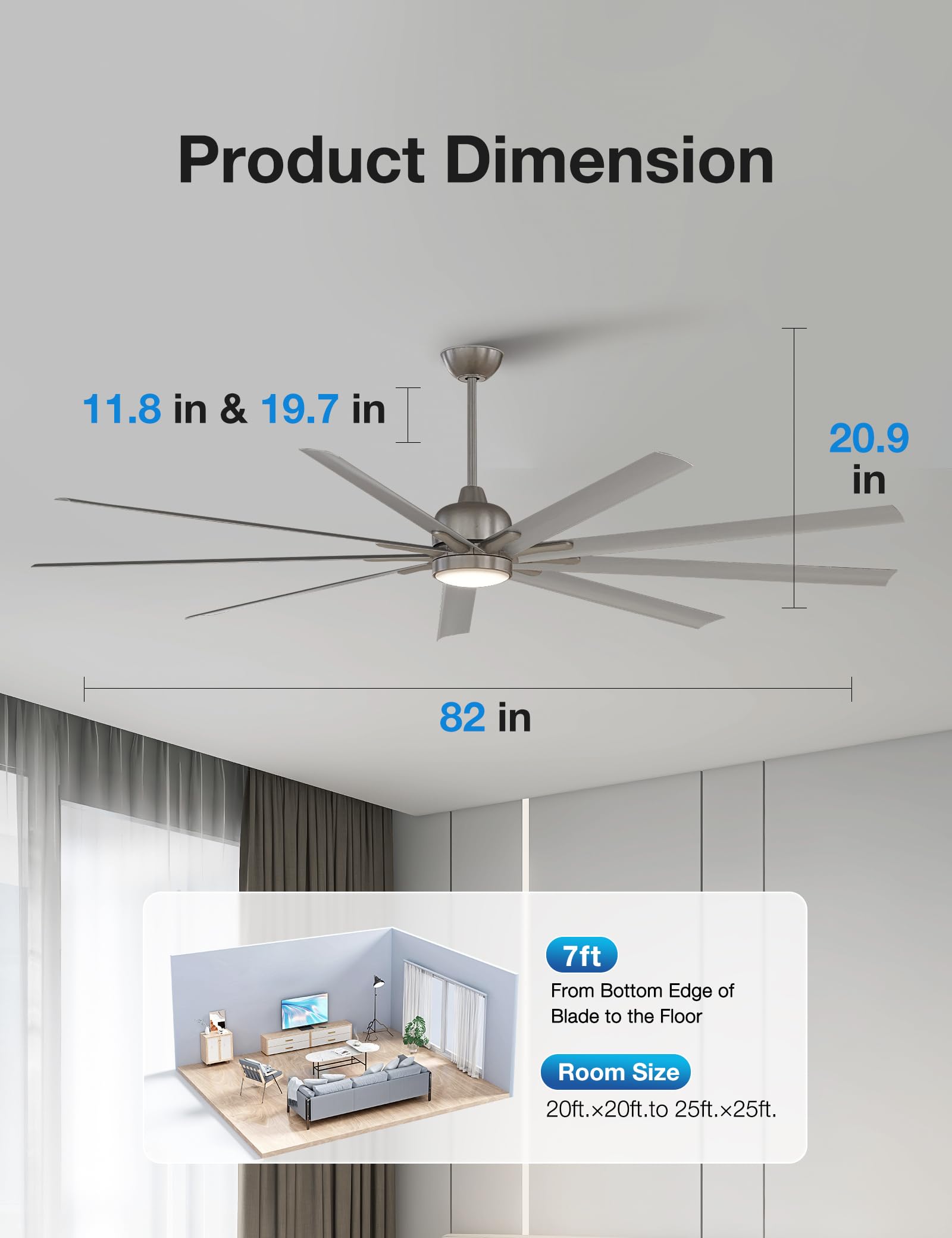 Warmiplanet 84-Inch Smart Ceiling Fan with Remote Control - Reversible Silent DC Motor, 6 Speeds, Dimmable 3-Color LED Light, Timer Function, Nickel Finish, 9 Blades - Perfect for Living Room, Bedroom, and Outdoor Patio