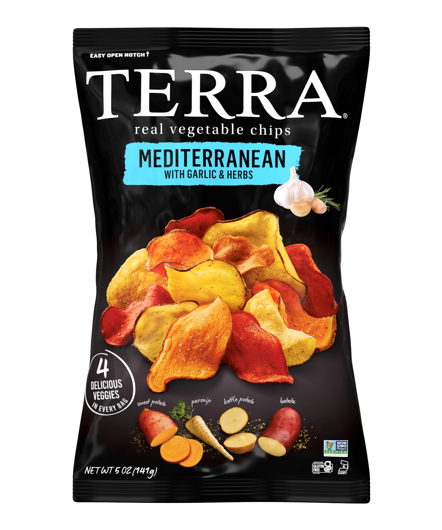 Terra Mediterranean Garlic & Herb Vegetable Chips - 5 oz Bag | Gluten-Free, Non-GMO Real Veggie Snacks | Perfect for Parties, Lunchboxes & Healthy Snacking