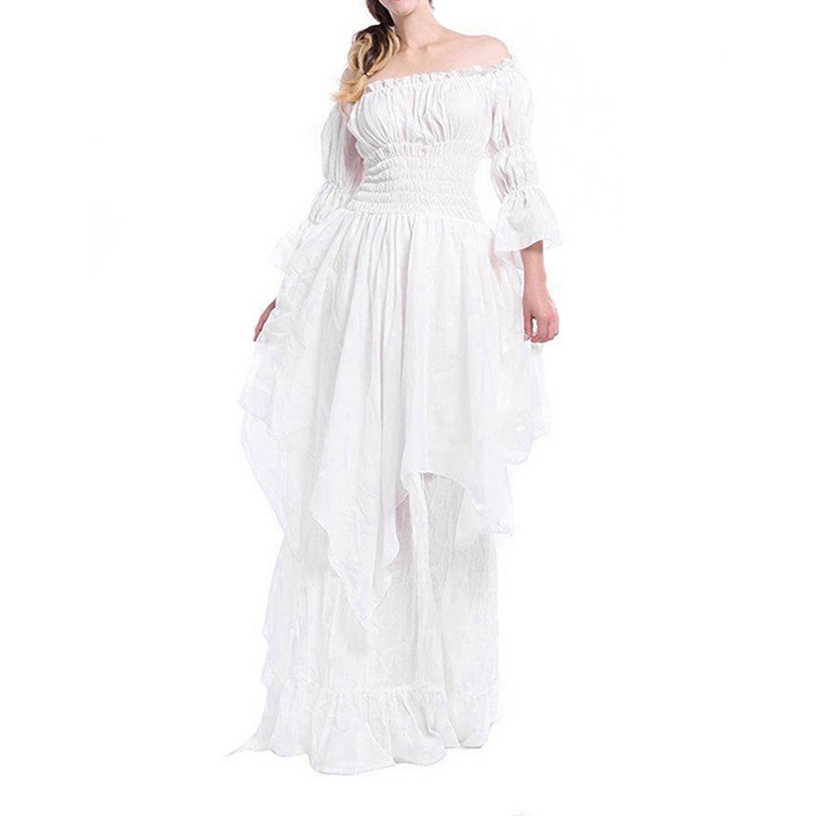 Women's Summer Long High Low Dress with Puff Sleeves & Off Shoulder Ruffle - Elegant Christmas Tunic Dress for Parties, Vacations & Special Occasions