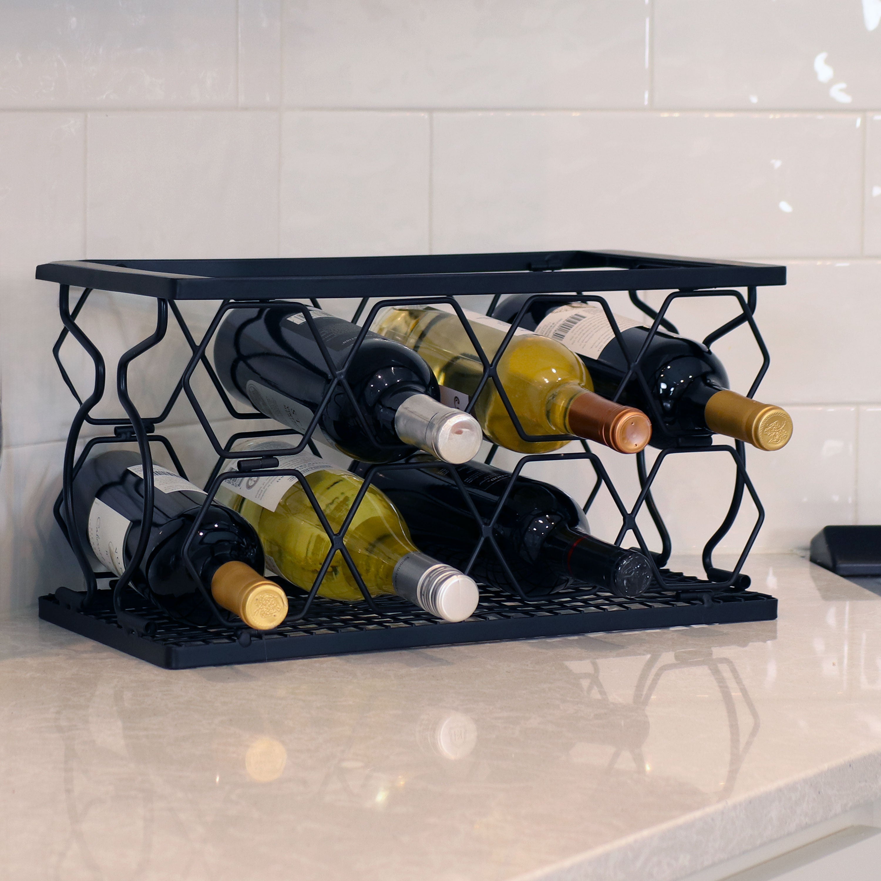 Sunnydaze Foldable Metal Countertop Wine Rack - Black | Space-Saving Wine Storage for Kitchen, Bar & Dining Room | Holds 6 Bottles