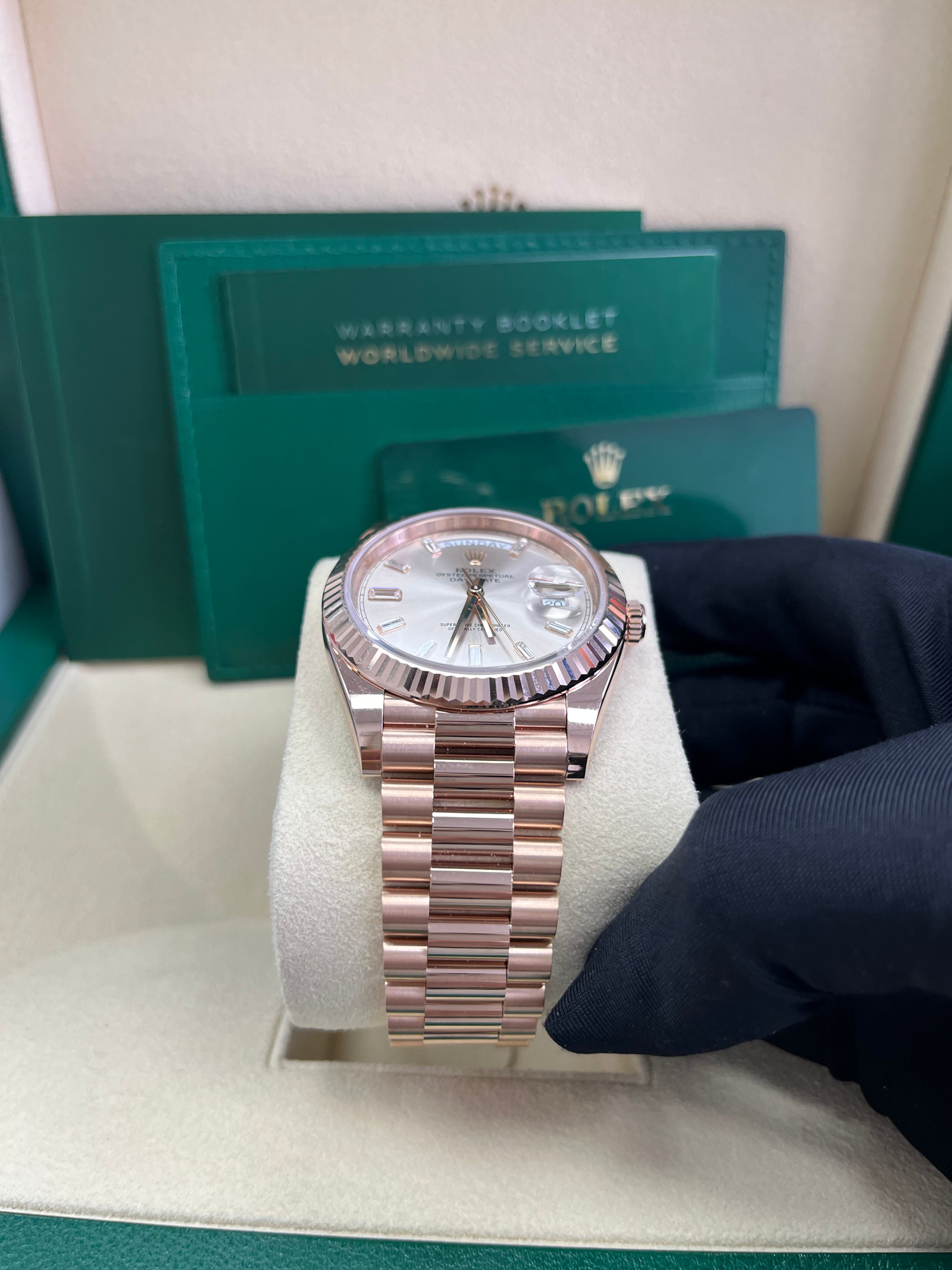 Rolex Day Date 40 Watch - 18K Yellow Gold, Fluted Bezel, Sundust Baguette Diamond Dial, President Bracelet 228235 | Luxury Dress Watch for Business & Formal Occasions