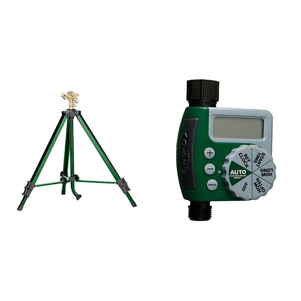 Orbit 58308Z Brass Impact Sprinkler with Tripod Base & 62061Z Single-Outlet Hose Watering Timer - Green | Durable Lawn & Garden Irrigation System for Efficient Watering in Backyards, Lawns, and Large Areas