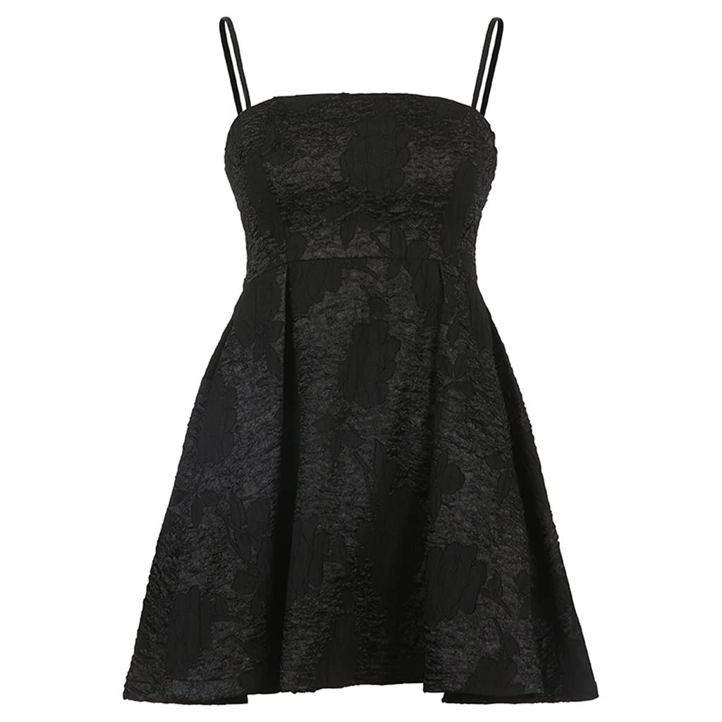 Elegant Jacquard Summer Party Dress for Women - Vintage A-Line Black Dress with Spaghetti Straps (Size M) - Perfect for Cocktail Parties, Weddings & Date Nights