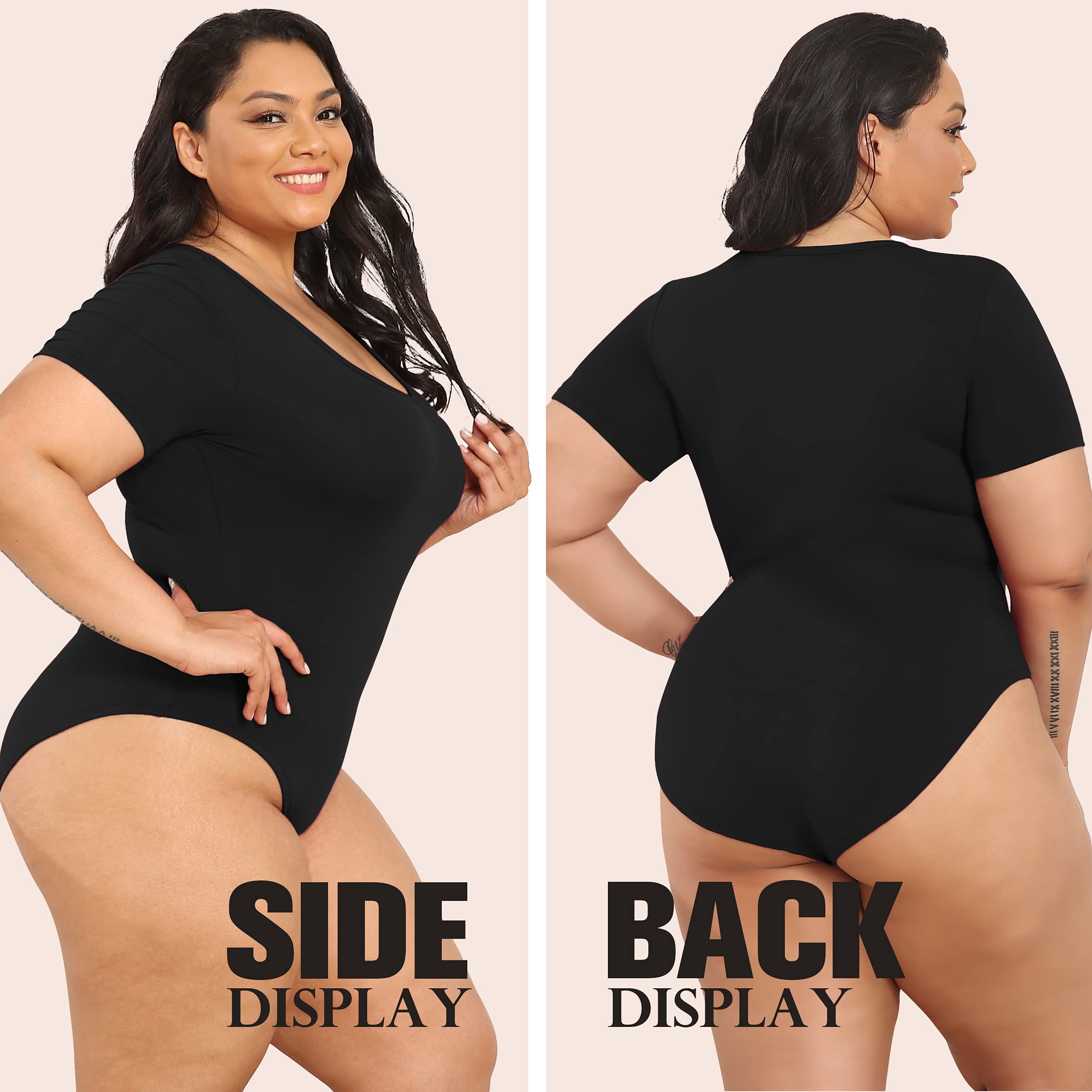 Poseshe Women's Plus Size V-Neck Short Sleeve Bodysuit - Casual Basic T-Shirt Style Jumpsuit for Everyday Wear | Perfect for Layering, Office & Weekend Outfits