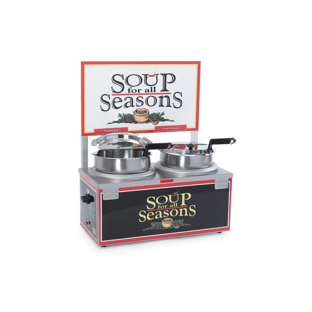 Nemco 6510A-2D7 Commercial Double 7 Quart Soup Warmer Merchandiser with Header - Perfect for Restaurants, Cafeterias & Buffet Service