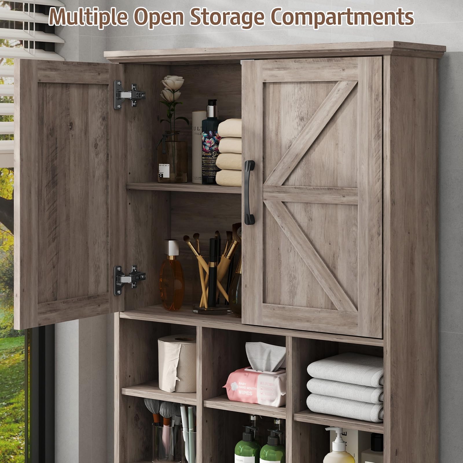 Over The Toilet Storage Cabinet with 2 Doors & Adjustable Shelves - Space Saving Bathroom Organizer for Small Spaces, Grey - Perfect for Towels, Toiletries & Bath Essentials Storage