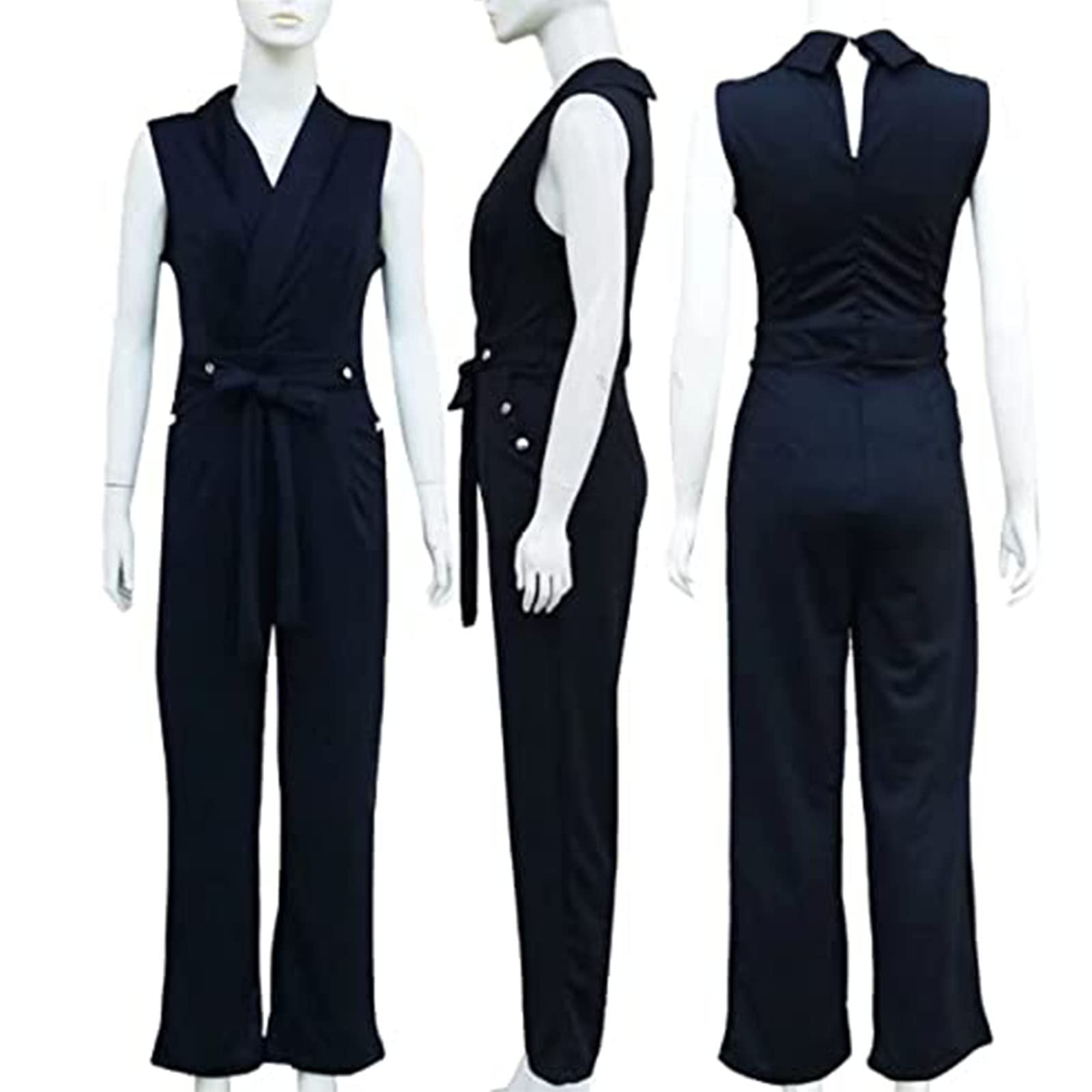 Elegant Women's V-Neck Sleeveless Jumpsuit with Belt & Pockets - Business Casual Outfit for Office, Party & Formal Events