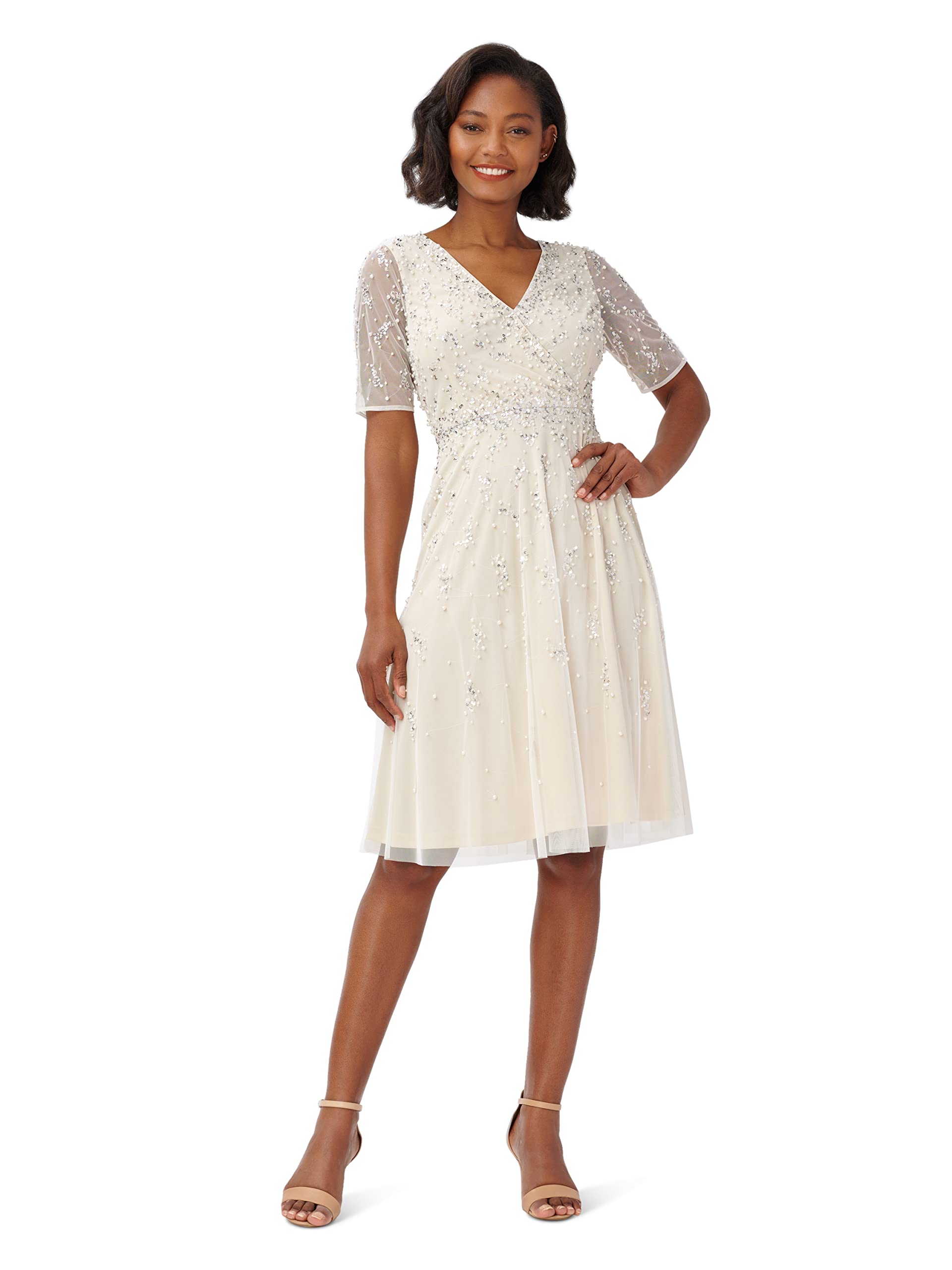 Adrianna Papell Women's Beaded Tea Length Dress for Wedding, Cocktail Party & Special Occasions | Elegant Beaded A-Line Gown with Floral Embroidery