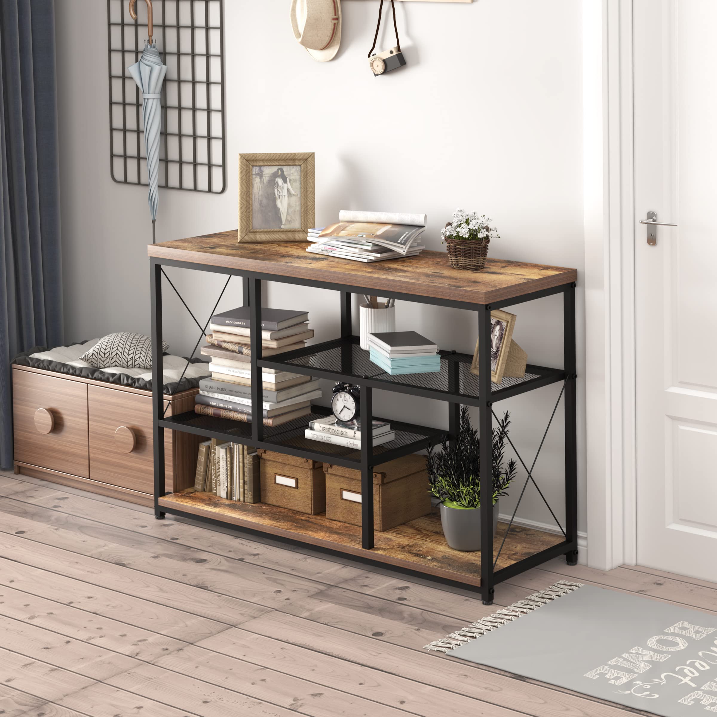 Rustic Oak TV Stand Console Table with Open Bookshelf - 47 Inch Industrial Sofa Table for Living Room, Entryway & Hallway - Perfect for Bedroom Storage & Living Room Decor
