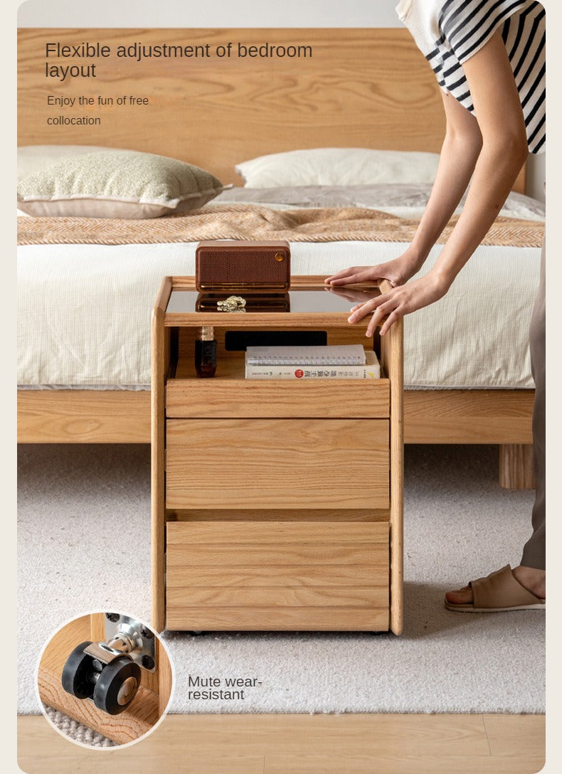 Solid Oak Wood Nightstand with Glass Top - Modern Movable Bedside Table for Bedroom, Living Room, or Office