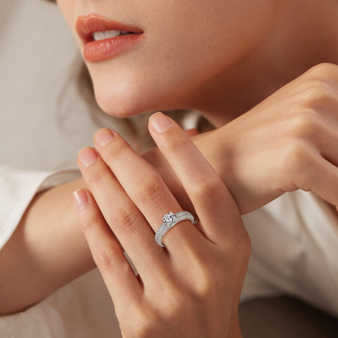 FJ Women's 925 Sterling Silver Engagement Ring - 18K White Gold Plated Cubic Zirconia Wedding Proposal, Promise & Anniversary Ring | Perfect for Valentine's Day, Christmas Gifts & Romantic Surprises