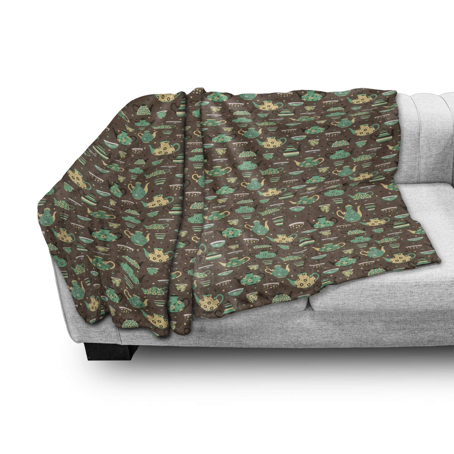 Ambesonne Floral Tea Party Throw Blanket - Soft Fleece Couch Cover with Cups & Pots Design on Dotted Brown Background, 50
