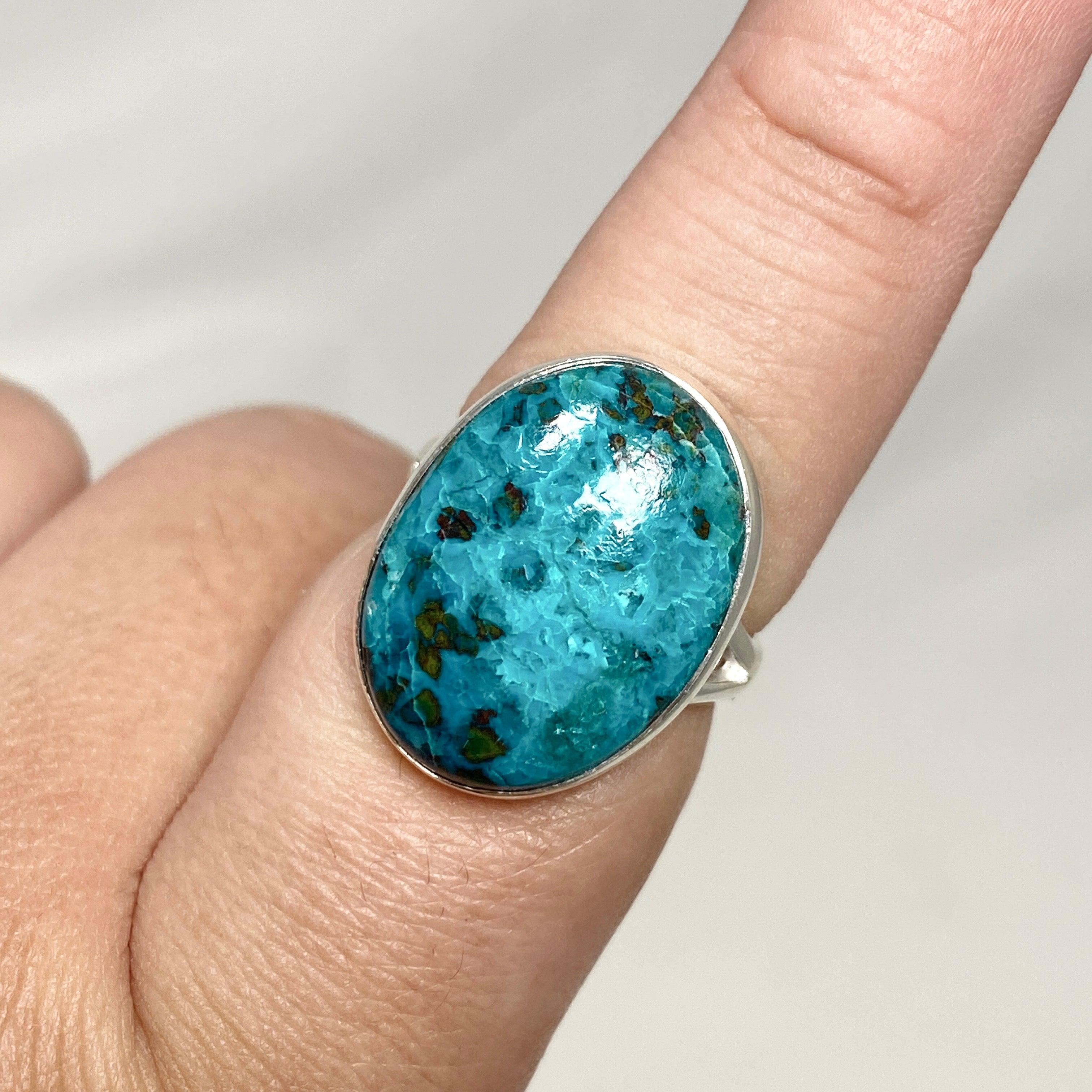 Chrysocolla Shattuckite Dioptase Oval Split Band Ring Size 9 - Natural Gemstone Jewelry for Women, Healing Crystal Ring for Meditation & Energy Work - KRGJ3230