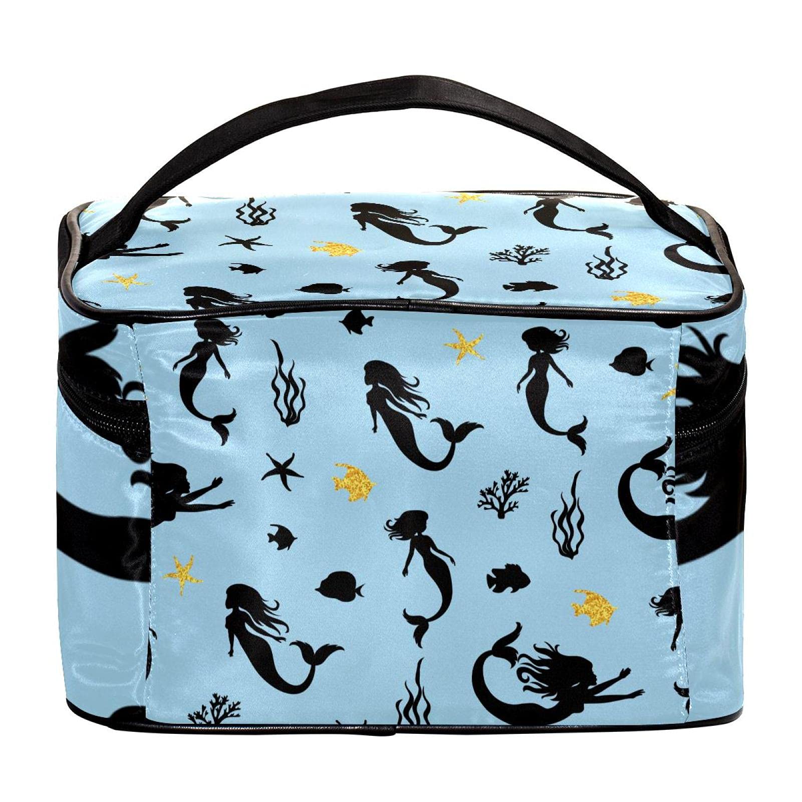 Ocean Mermaid Fish Blue Pattern Large Travel Makeup Bag - Waterproof Cosmetic Organizer with Zipper for Women & Girls - Perfect for Vacation, Beach Trips & Daily Makeup Storage