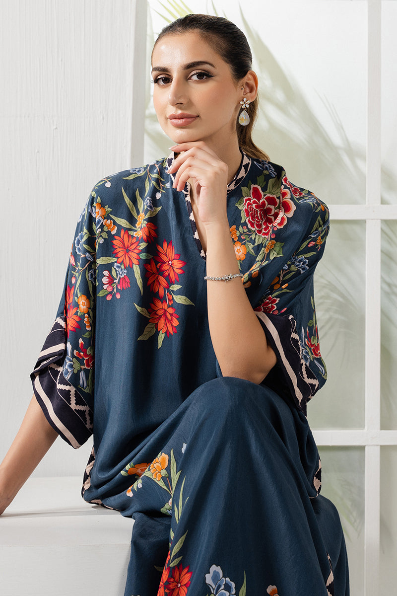 Blue Azure Silk Printed Shirt for Women - Elegant Floral Design, Comfortable & Breathable - Perfect for Office, Party & Special Occasions